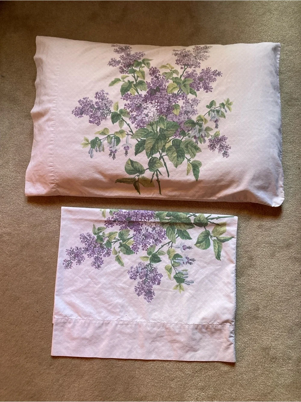 Call It Spring Pink Pillowcases with Purple Lilac and Green Leaves